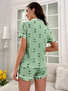 Miss Vinta Bộ đồ ngủ áo sơ mi ngắn tay và quần short thường ngày cho nữ, thiết kế tối giản phù hợp cho mùa hè - màu xanh lá - Xem 2