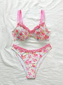Swim Mod Damski letni zestaw bikini z marszczeniami w drobne kwiaty, uroczy i romantyczny