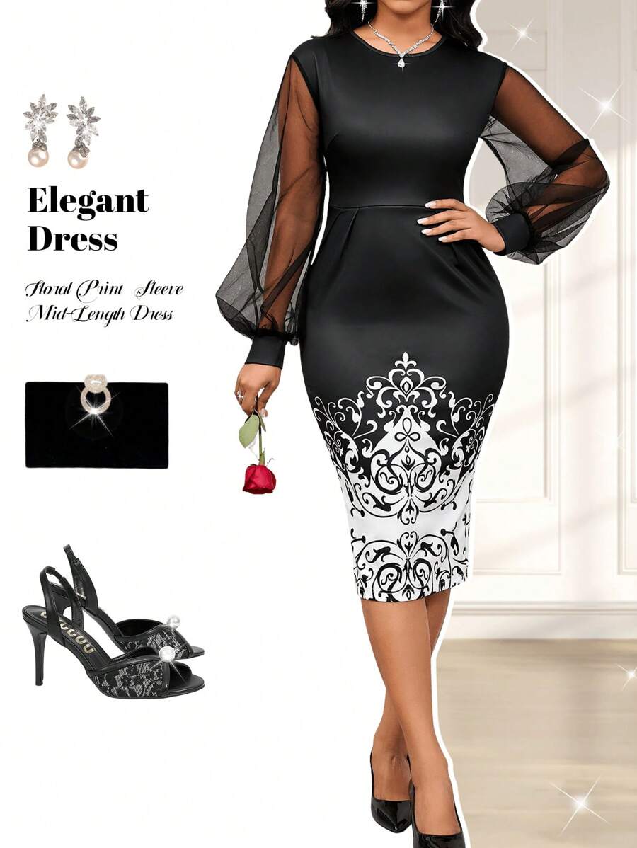 SHEIN Lady Women's Floral Print Mesh Lantern Sleeve Elegant Mid-Length Dress - Black - View 1