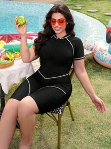 Plus Size Color Block Contrast Line Design Loose Casual Shorts, Sporty Surf Style - Black and White - View 5