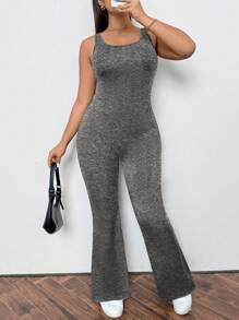 SHEIN Privé Große Größen Lässig Sport Yoga Sommer einfarbige Hose mit Ausschnitten, enger Romper Jumpsuit - Grau - Übersicht 3