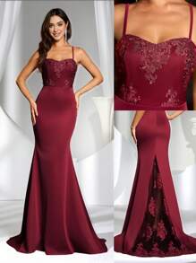 Coutiva 无袖蕾丝拖尾露背纯色美人鱼晚礼服，奢华晚礼服长裙，晚礼服，睡袍勃艮第红色礼服，适合音乐节春/夏，派对礼服，婚礼宾客礼服，礼服