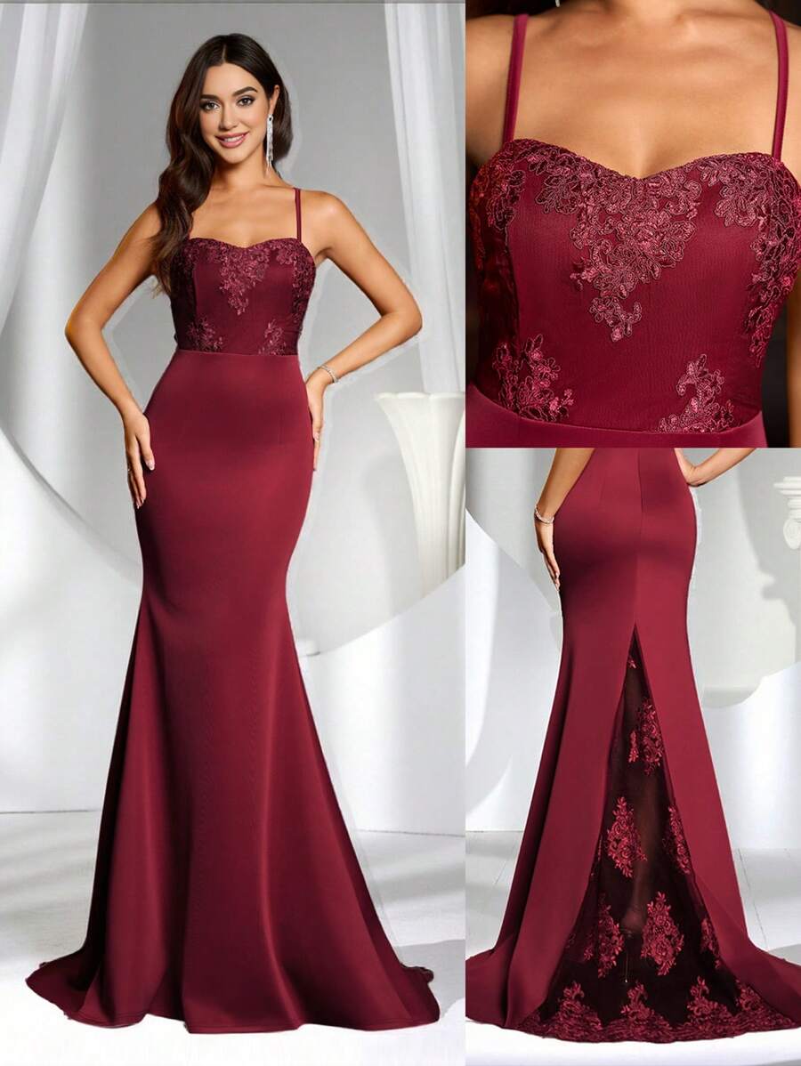 Coutiva 无袖蕾丝拖尾露背纯色美人鱼晚礼服，奢华晚礼服长裙，晚礼服，睡袍勃艮第红色礼服，适合音乐节春/夏，派对礼服，婚礼宾客礼服，礼服