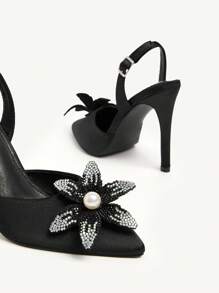 CUCCOO CHICEST Pointed Toe Floral Embellished High Heel Women Pumps - Black - View 4