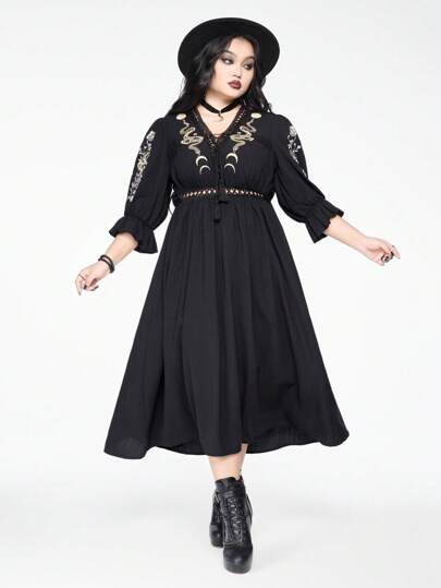 Back To School  Gothic Dark Style Plant Snake Print Embroidered V-Neck Tied Plus Size Women Mid Sleeve Dress