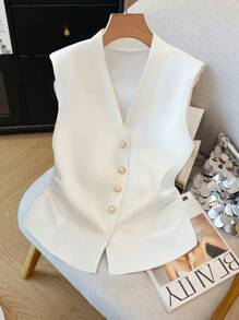 GlowEve 无袖前开式优雅女式衬衫 - 白色 - 查看 5