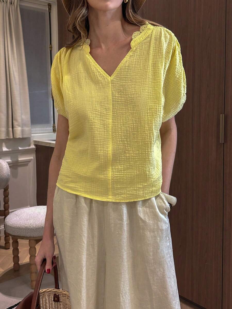 Chiquease Áo sơ mi nữ màu trơn thanh lịch đi nghỉ mát, thời trang tối giản, phù hợp cho mùa hè - Màu vàng - Xem 1