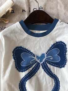 SHEIN 2 件装年轻女孩可爱蝴蝶结印花休闲简约短袖上衣和短裤套装，适合夏季 - 彩色 - 查看 4