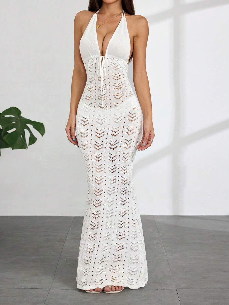 Flirla Nuevo vestido de punto largo sin mangas y sin espalda entallado con diseño de sirena, color blanco, diseño versátil para vacaciones, primavera/verano - Blanco - Ver 1