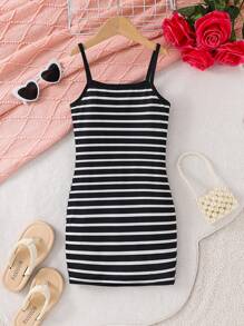 Young Girl Striped Knit Cute Girl Print Camisole Dress