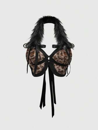 J-Fashion Blusa de tirantes sexy con escote halter, estampado de leopardo y lazo en la espalda para mujer talla grande