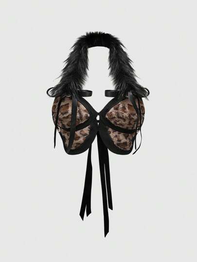 J-Fashion Women Plus Size Furry Halter Neck Sexy Leopard Print Bowknot Back Tank Top