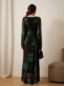 Aveloria 法式浪漫秋季复古垂领弹力轮廓印花网眼长裙，随机花卉印花长袖连衣裙情人节春夏女士连衣裙女士优雅 - 綠色 - 查看 3