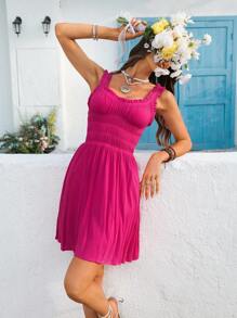 Vivid Eden 女士纯色褶皱无袖编织迷你连衣裙 女士春季服装 Fairycore 婚礼宾客礼服 女士海滩服装 热带度假女士服装 女士柔和色调连衣裙 - 玫紅色 - 查看 1