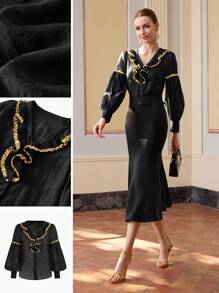 ZEYLAH 对比色荷叶边衬衫 - 黑色 - 查看 1