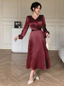 DAZY Elegante vestido largo burdeos para mujer con cuello en V, mangas largas y bajo acampanado, vestido de otoño para bodas y Año Nuevo