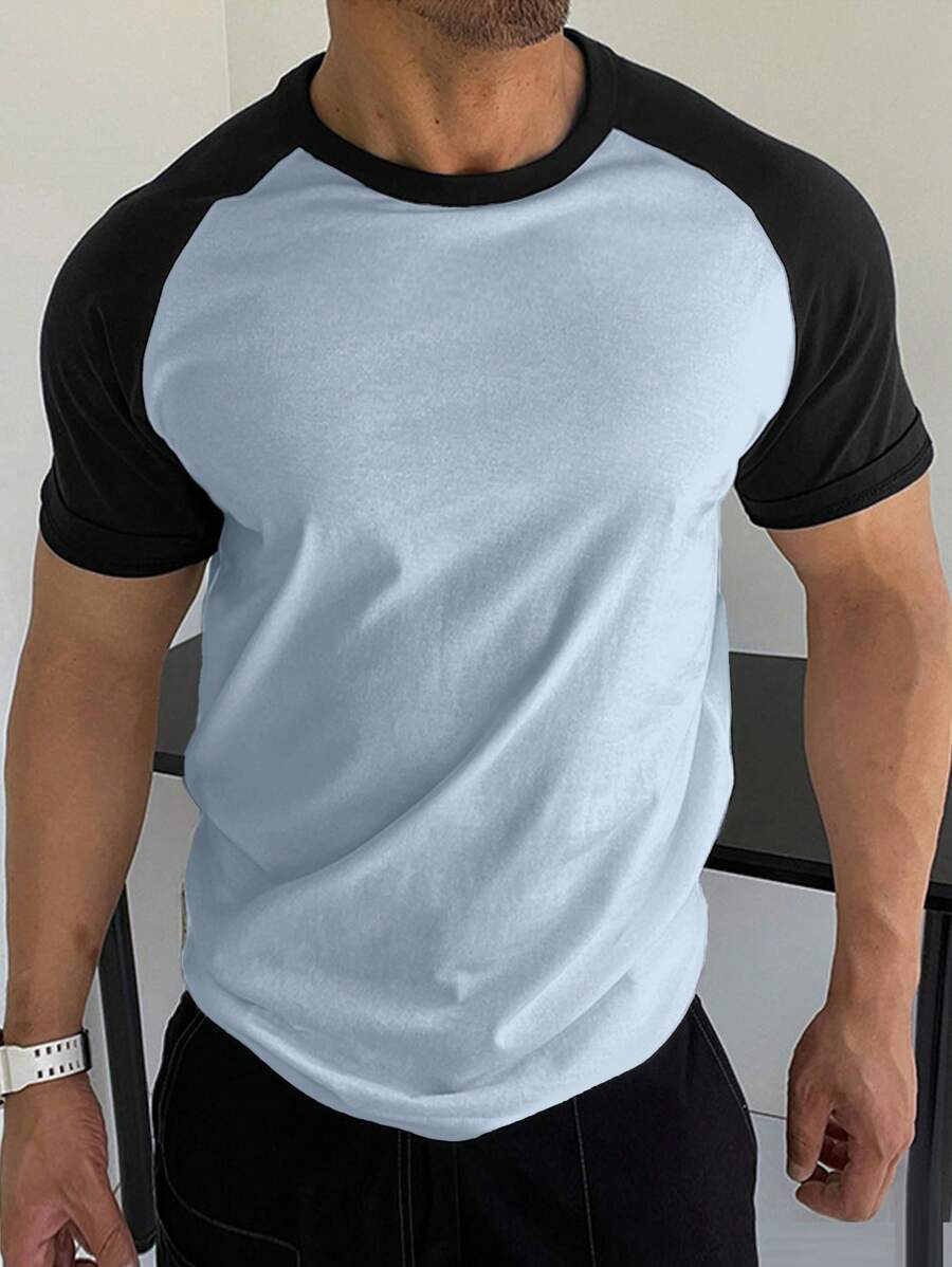 SHEIN Cottnline Camiseta de manga raglán con bloques de color 100% algodón para hombres - Celeste - Ver 1