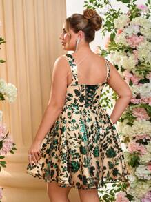 Lovelzi Plus Size Elegant Sequin Floral Asymmetric Hem Cocktail Dress, Mini Party Dress, Wedding Guest Dress, Prom Dress