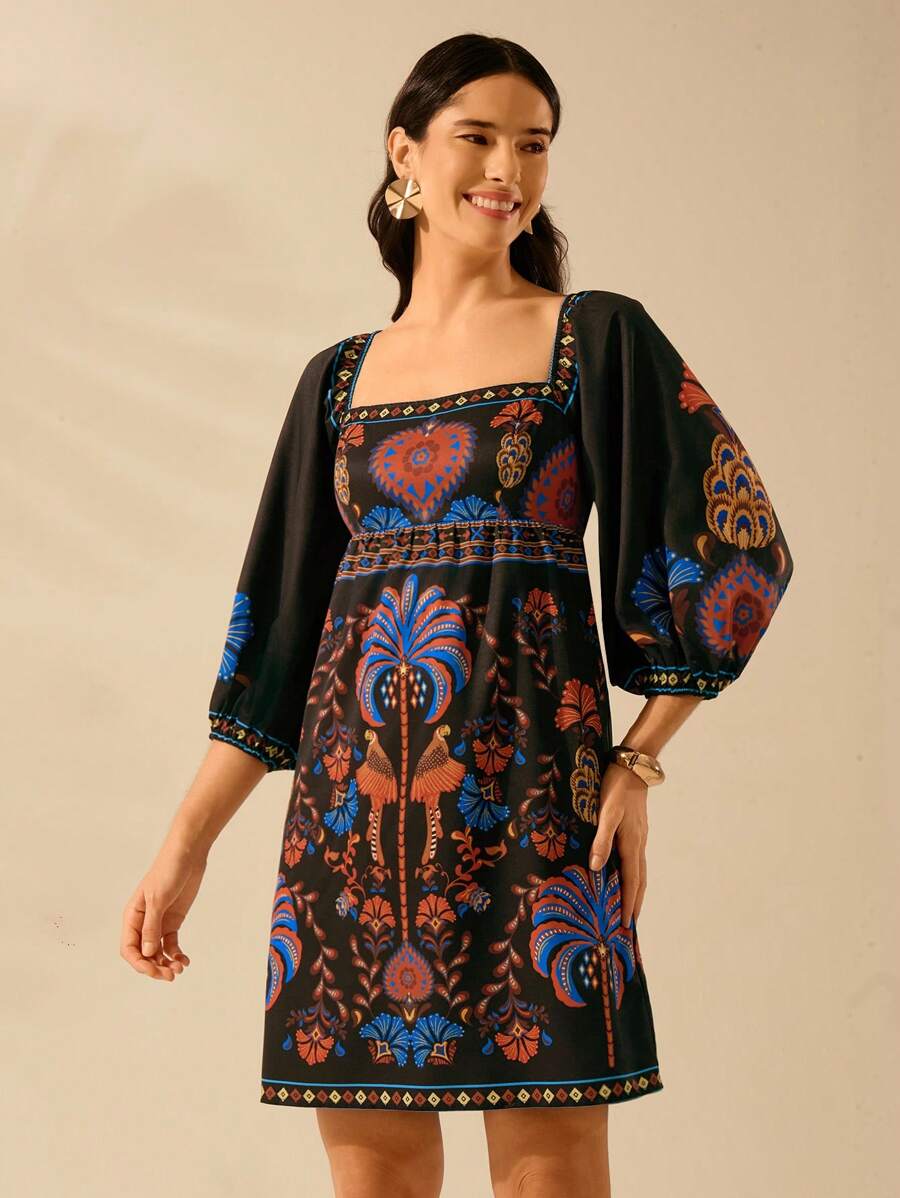 CAJUNI 女士波西米亚风热带椰子树、银杏叶和鹦鹉印花黑色底色灯笼袖短裙休闲海滩夏装 - 彩色 - 查看 1