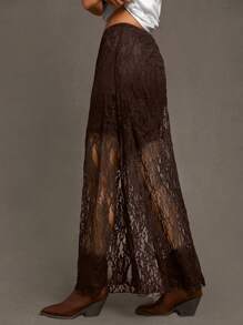 Siren Gaze 女士性感黑色野花蕾丝拼布轻盈透气长款夏季裙子 - 咖啡棕 - 查看 5