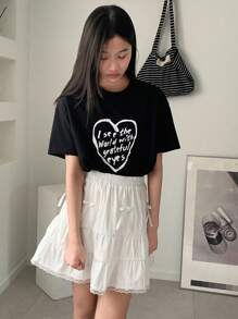 DAZY Set de 2 piezas de parte superior de manga corta con cuello redondo y falda con estampado de letras para niña preadolescente, de estilo minimalista - Negro - Ver 1