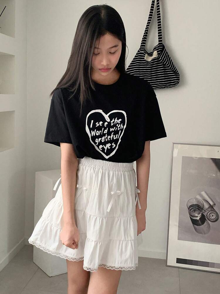 2pcs/Set Tween Girl Round Neck Short Sleeve Letter Print Top And Skirt Set, Minimalist