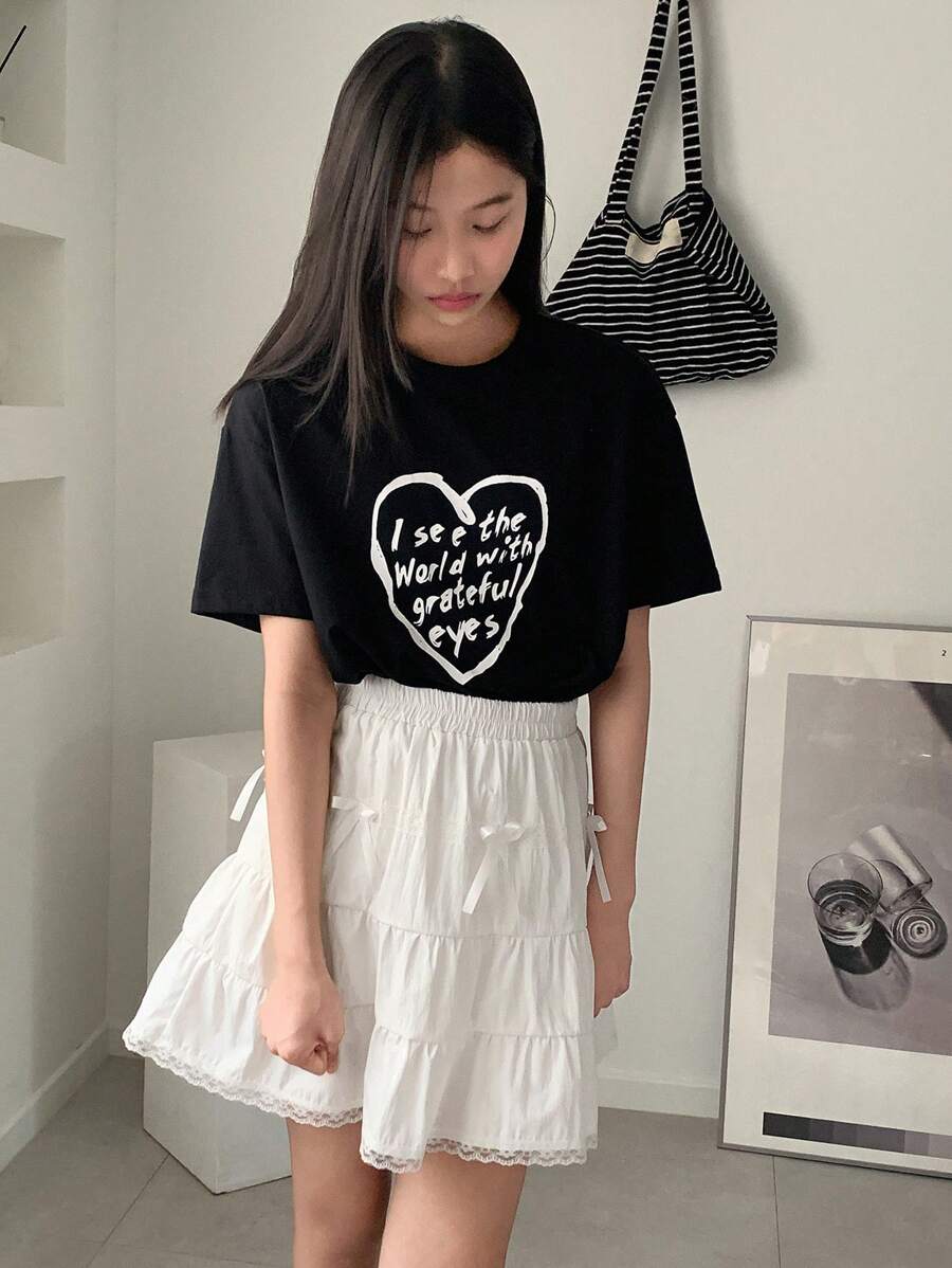 DAZY Set de 2 piezas de parte superior de manga corta con cuello redondo y falda con estampado de letras para niña preadolescente, de estilo minimalista - Negro - Ver 1