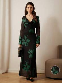 Aveloria 法式浪漫秋季复古垂领弹力轮廓印花网眼长裙，随机花卉印花长袖连衣裙情人节春夏女士连衣裙女士优雅 - 綠色 - 查看 7