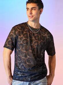 Manfinity VCAY Áo thun ren trễ vai in họa tiết lá đường phố Unisex, thời trang - màu đen - Xem 1