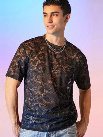 Manfinity UZERO T-shirt unisexe à imprimé feuille style urbain avec épaules dénudées et garniture en dentelle, à la mode