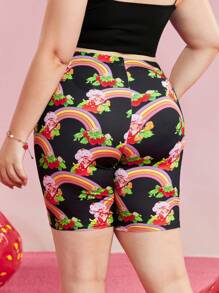 Strawberry Shortcake X SHEIN Plus Size Kawaii Rainbow & Strawberry Print Black Summer Biker Shorts