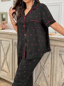 FloralLove Plus Size Women Cherry Printed Loose And Comfortable Women's Top & Pants Pajama Set, Home Wear Set For Spring, Bountiful Floral Splendor  Cozy And Elegant Details - Black - View 5
