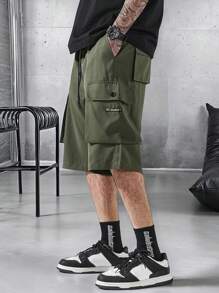 Manfinity Homme Pantalones cortos sueltos y casuales con bolsillo y nudo delantero simples para hombre, de uso diario - Verde militar - Ver 3