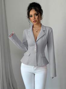 Elenzga Áo sơ mi nữ cổ bẻ màu hồng có túi giả - Xám - Xem 5