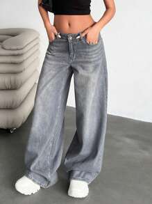 EURMUSE Quần Jeans Ống Rộng Cạp Thấp Chi Tiết - Xám - Xem 1