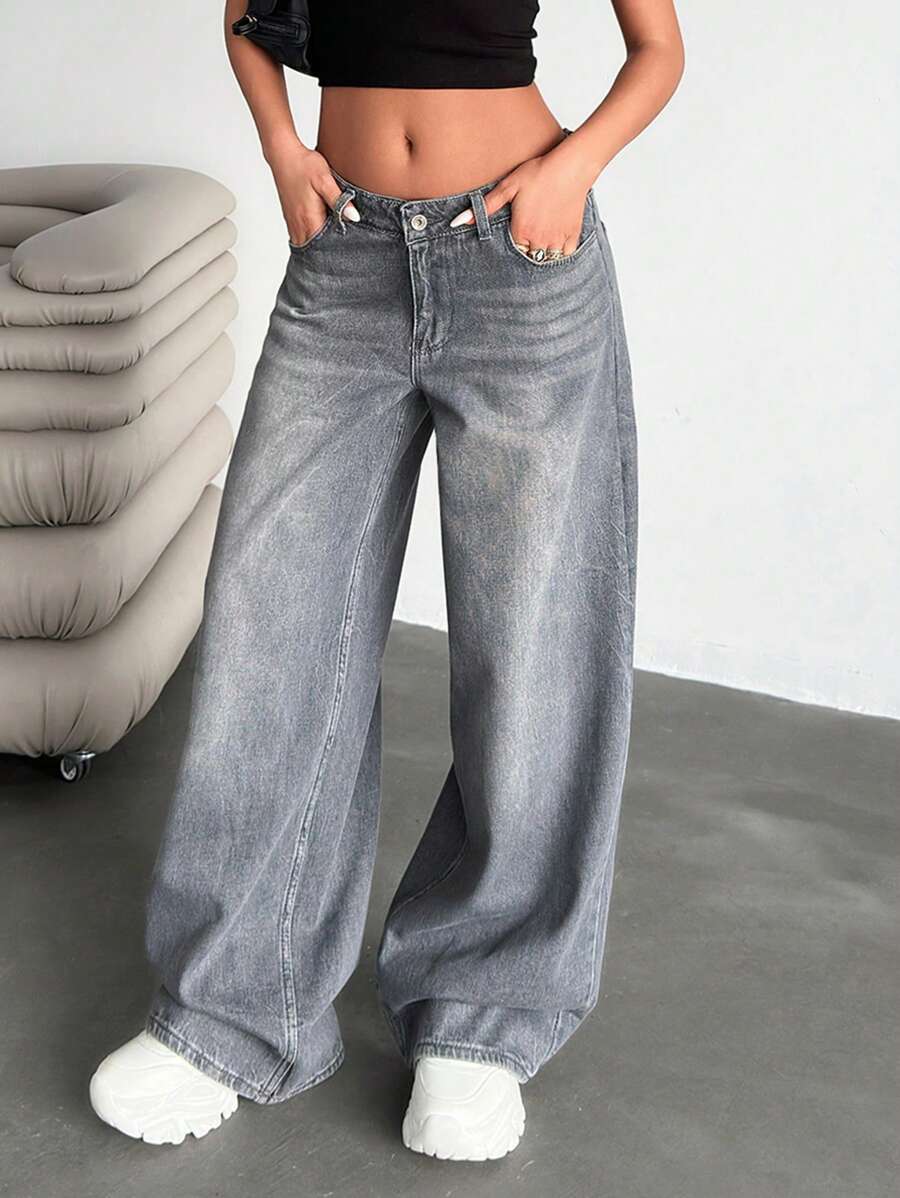 EURMUSE Quần Jeans Ống Rộng Cạp Thấp Chi Tiết - Xám - Xem 1