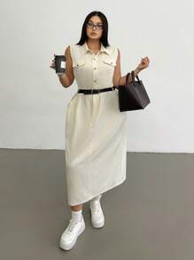 SHEIN MOOSTA 大码春夏休闲时尚高端法式复古领百搭前后开衩日常通勤工作服连衣裙 - 杏色 - 查看 2