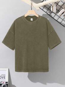 Camiseta de punto de manga corta con cuello redondo, de corte relajado y sobredimensionado en colores lavados, apta para la escuela, el jardín, la playa, las fiestas de cumpleaños, primavera, verano, otoño e invierno, para niños preadolescentes