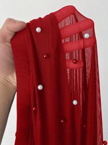 Viva Relle Set elegante di giacca e pantaloni in colore unito da donna taglie forti, giacca con colletto a lupetto e maniche lunghe, pantaloni in rete decorati con perle, adatto per San Valentino - Rosso - Visualizzare 7