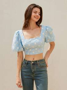Aveloria 女装2025春夏新款欧美时尚女孩减龄百搭可爱泡泡袖宽领收腰修身短款上衣撞色蝴蝶结刺绣细节 - 藍色 - 查看 4