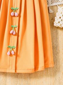 SHEIN Young Girl' Vacation Gingham Colorblock Ruffle Trim Puffed Sleeve Ruched Smocked Dress With 3D Cherry Decor, Spring/Summer - Coral Orange - View 5