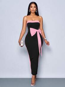 SOLERSUN Frühlings- und Herbstkleidung für Frauen, Partys, Proms, Hochzeiten, schwarz-weiß kontrastierender gestrickter Stoff-Rand, farblich abgestimmte weiße Seitendekoration mit dreidimensionaler Schleife, rückseitiger Schlitz am Tube Top, langes Kleid - Pink - Übersicht 4