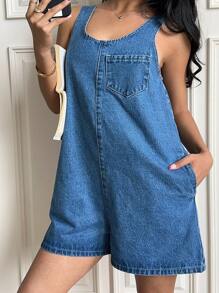 SHEIN ICON Women's Denim Jumpsuit, Loose Sleeveless Blue Overall, Summer Outfits /Summer/Summer Clothes/Cute Summer Tops, Dress, Festival/Festival Outfits, Rave Outfits/Concert Outfit Women/Country Concert Outfit/Rave/Rave Outfits Beach, Brunch Outfits, Spring Break / Spring Break Outfits, Concert Outfit Women / Rave Outfits Festival / Country Concert Outfit / Ibiza Outfits / Nashville Outfits, Summer/Summer Outfits, Suitable For Summer, Spring Summer Vacation Beach Outfits Fashion Outfits - Blue - View 3