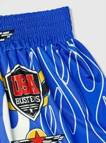 ROMWE MEN Prep Shorts de Boxe Casuais Soltos com Cintura Elástica e Estampa de Slogan Masculino - Azul - Visão 4