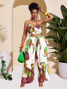 Slaydiva Plus Size Women's Sleeveless Tied Neck Hollow Out Wide Leg Jumpsuit With Print, Sexy & Bodycon, For Spring & Summer Vacation - Multicolor - View 7