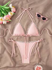 SHEIN Swim Mod Women Solid Color Halter Neck 2pcs Swimwear Set With Triangle Swim Bottoms - Pink - View 1