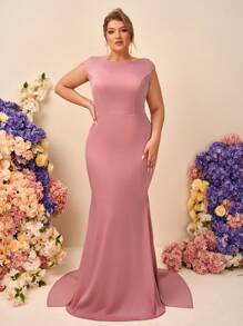 SHEIN Belle Plus Elegant Satin Dress With Faux Pearl Decor, Open Back Mermaid Hem Maxi Bridesmaid Gown