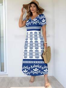 Glamance Juliana Soria Women Multicolor Plus Size Dresses Short Sleeve V Neck Boho Plain,All Over Print,Textured Pattern,Floral,Geometric Summer Outfits For Women Summer Dress For Women Sundress For Women Vacation Dress Going Out - Multicolor - View 5