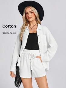 SHEIN LUNE Button Down Collar Blouse And Drawstring Waist Casual Shorts 2 Pieces Set, Elegant Vacation Outfit - White - View 1
