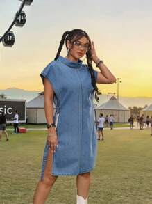 SHEIN PETITE Damen Lässig Jeansbluse, modisch für Sommer Camping, Country Konzert, Cowgirl, Rave, Streetwear für Frauen, Ausgehen Streetwear für Frauen, Petite Frauen - Mittele Waschung - Übersicht 4